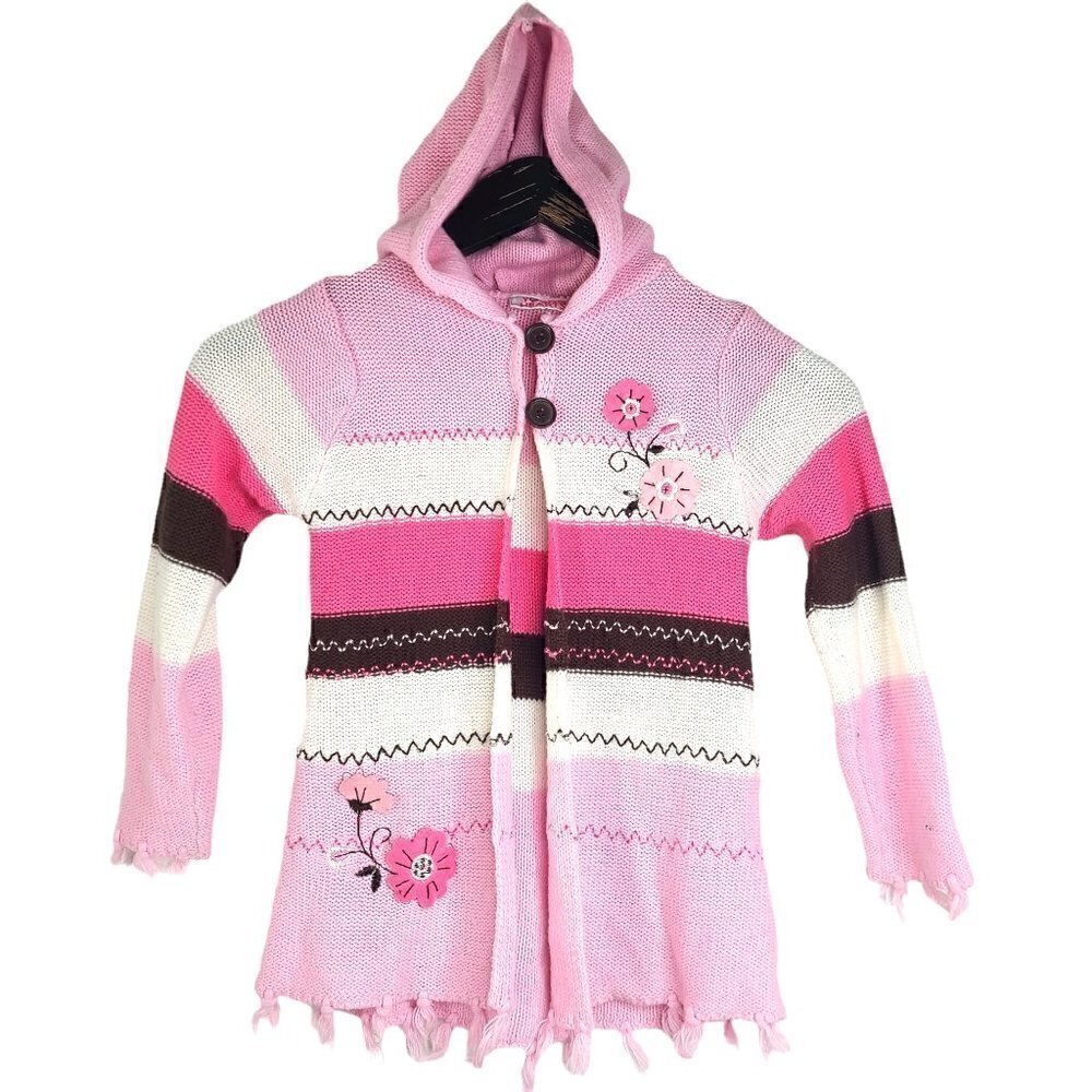 Vintage Young Hearts Pink Flower Fairy Kei Knitted Hooded Cardigan